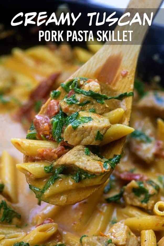 Wooden spoon held up to the camera with pork and pasta on it.