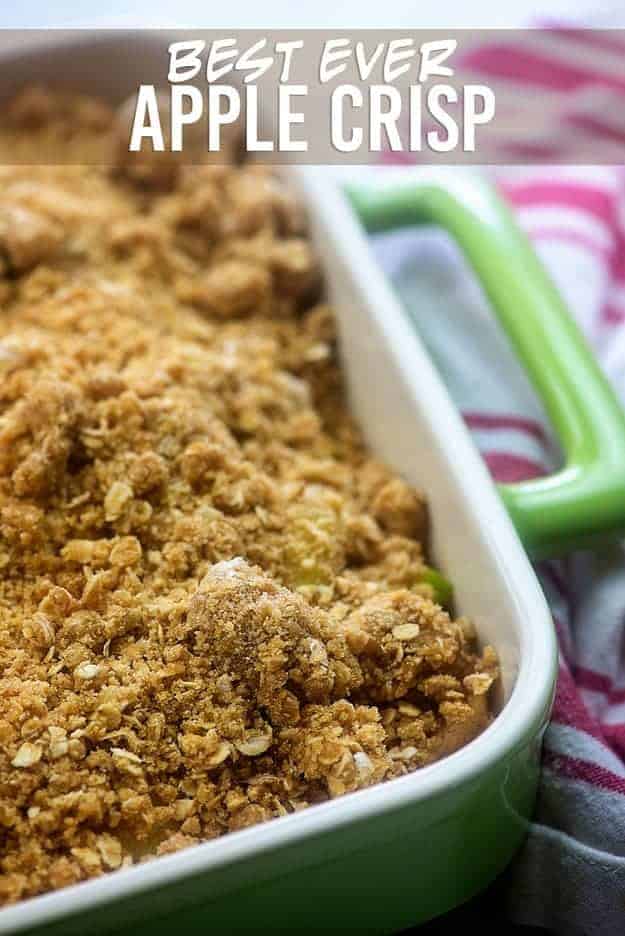 A baking dish of apple crisp ready to go into the oven.