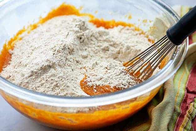 pumpkin spice cupcake batter in mixing bowl