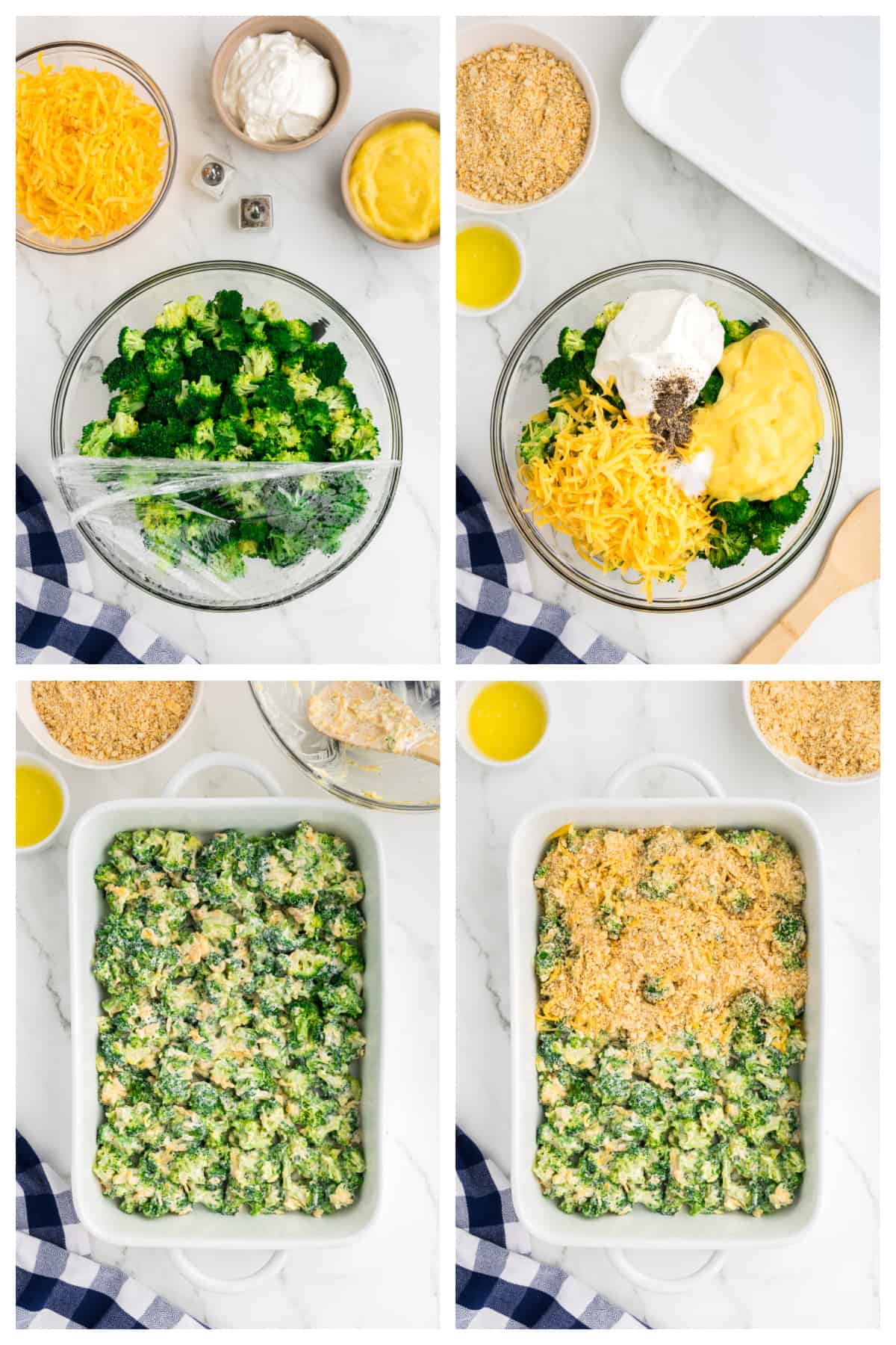 Collage showing how to make broccoli cheese casserole.