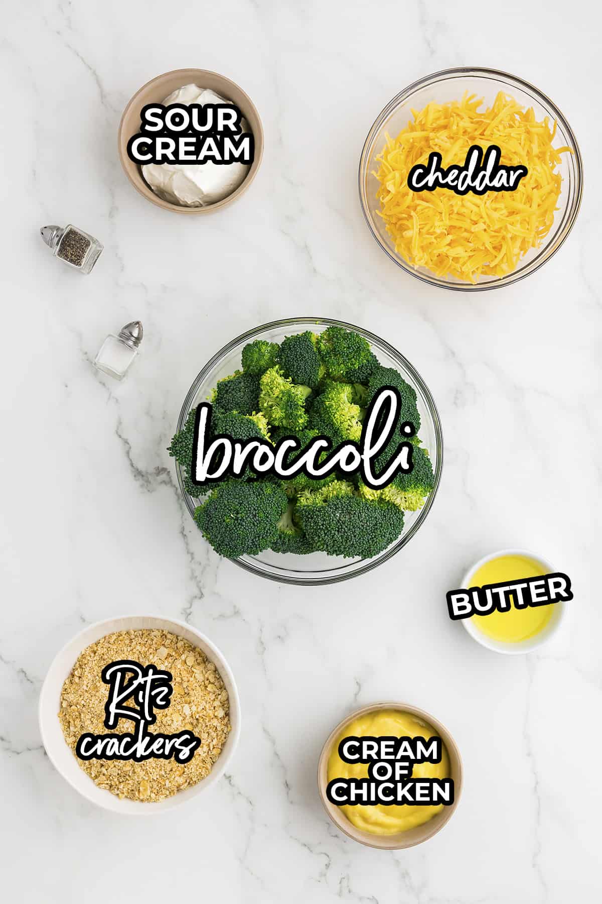 Ingredients for broccoli cheese casserole recipe.