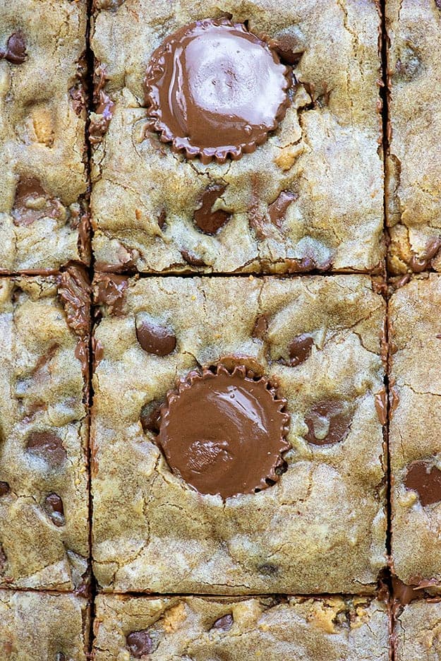 Close up of blondies cut into squares with a mini Reese\'s peanut butter cup in the center.