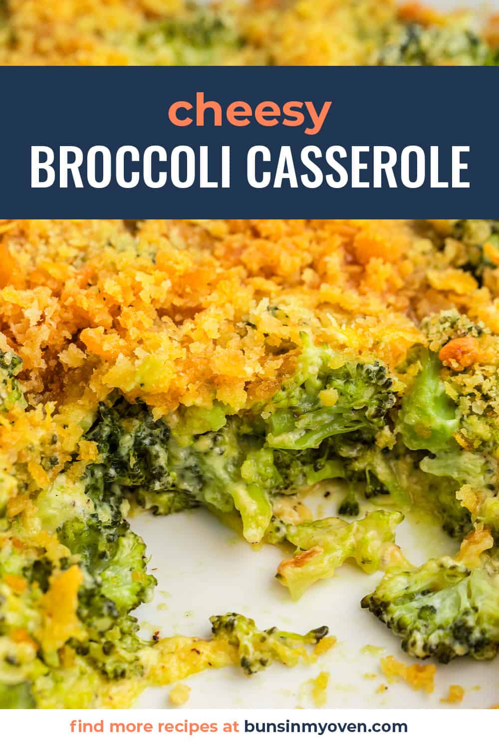 Broccoli and cheese casserole in baking dish.
