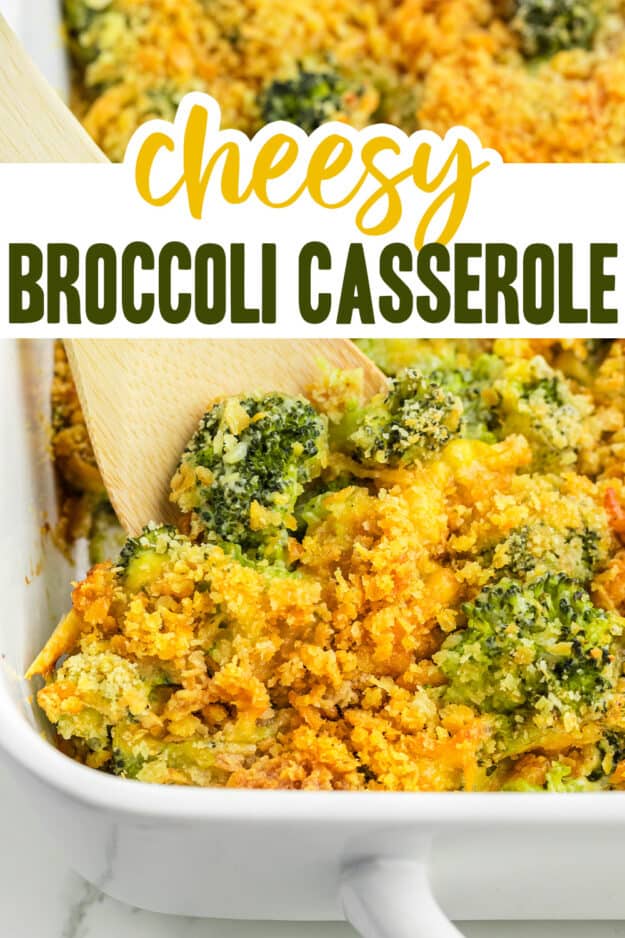 Cheesy broccoli casserole in white baking ish.