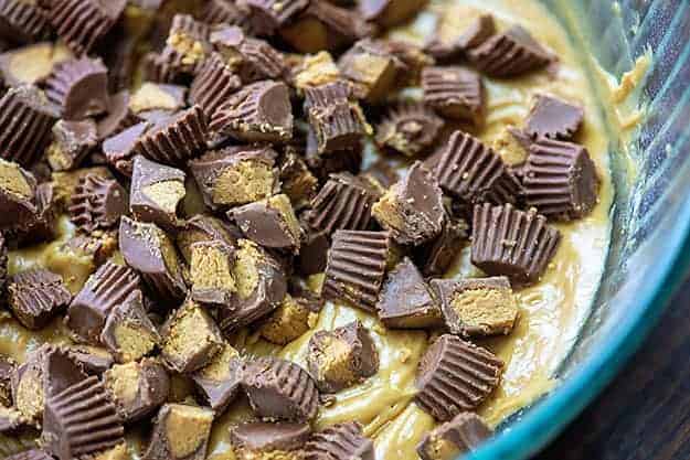 peanut butter blondies with reese's in bowl