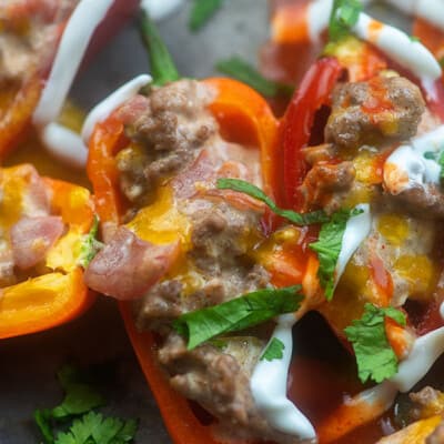 Cut peppers with beef and cheese in the middle