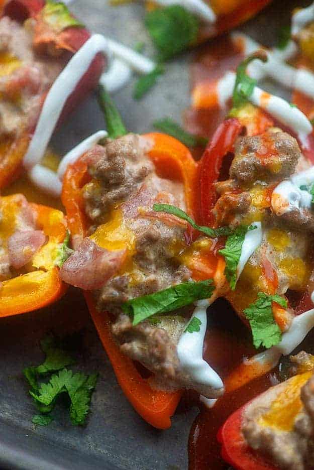Cut peppers with beef and cheese in the middle