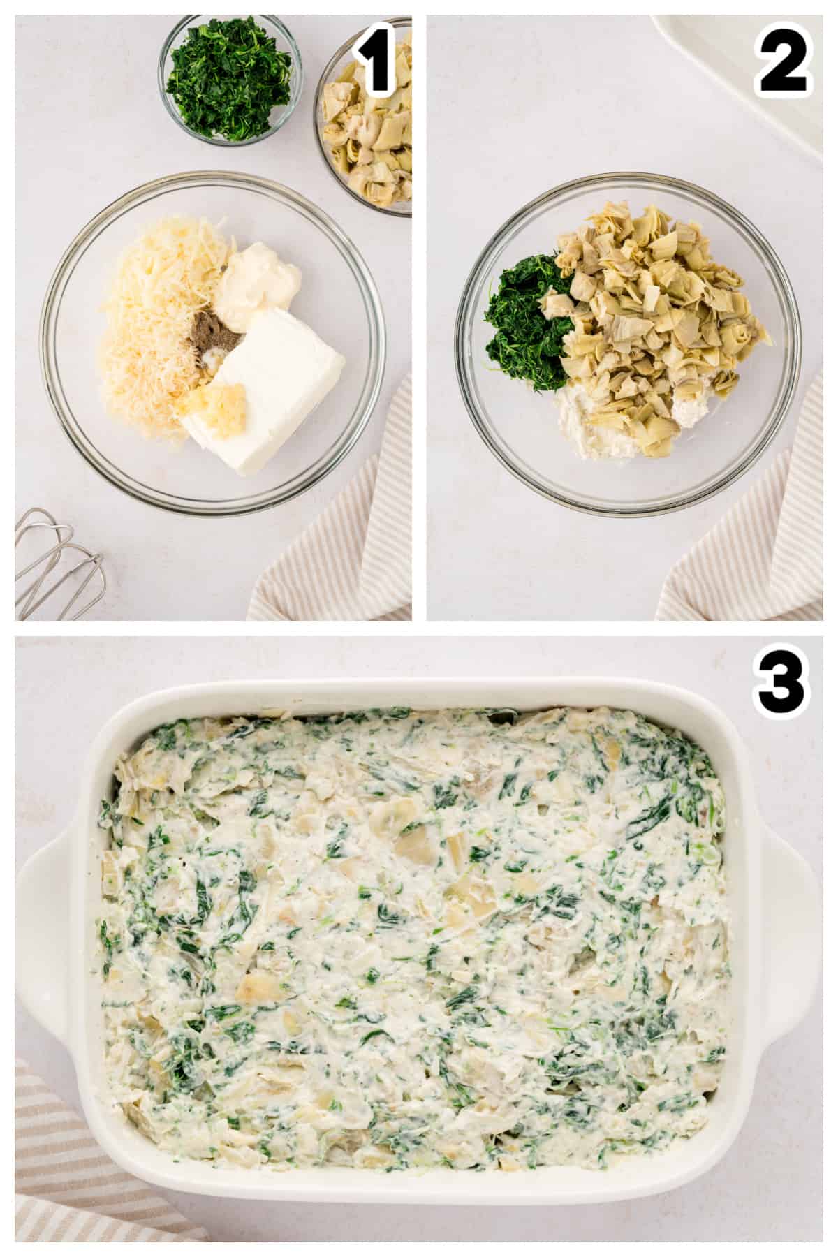 Collage showing how to make spinach artichoke dip.