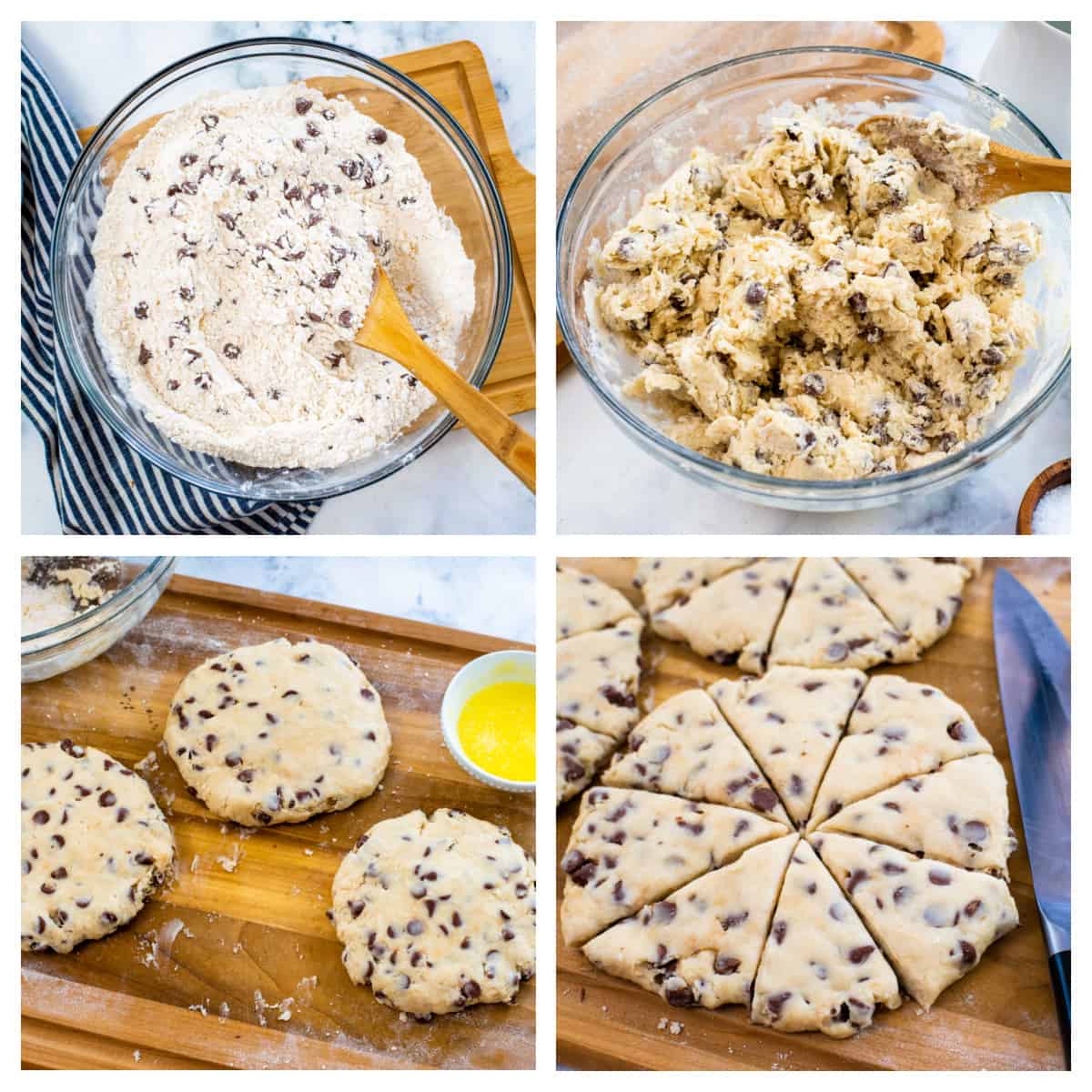Collage showing how to make chocolate chip scones.