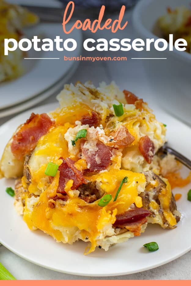 cheesy potato casserole on white plate with text for Pinterest.