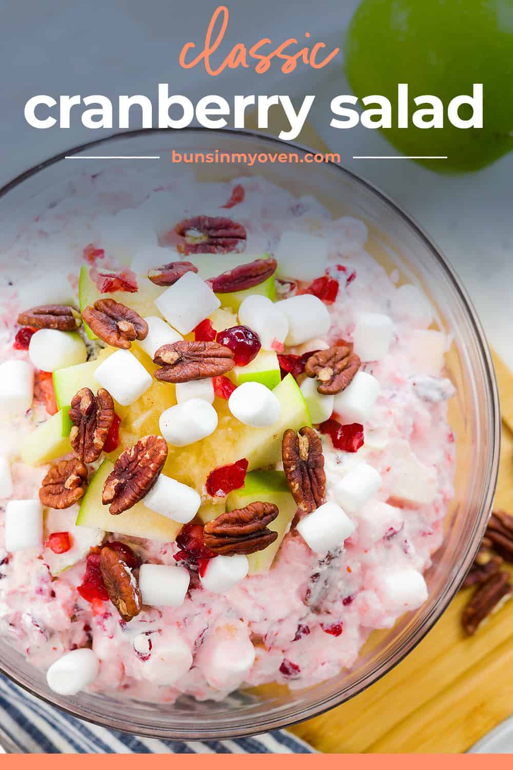 Classic cranberry salad recipe in glass mixing bowl.