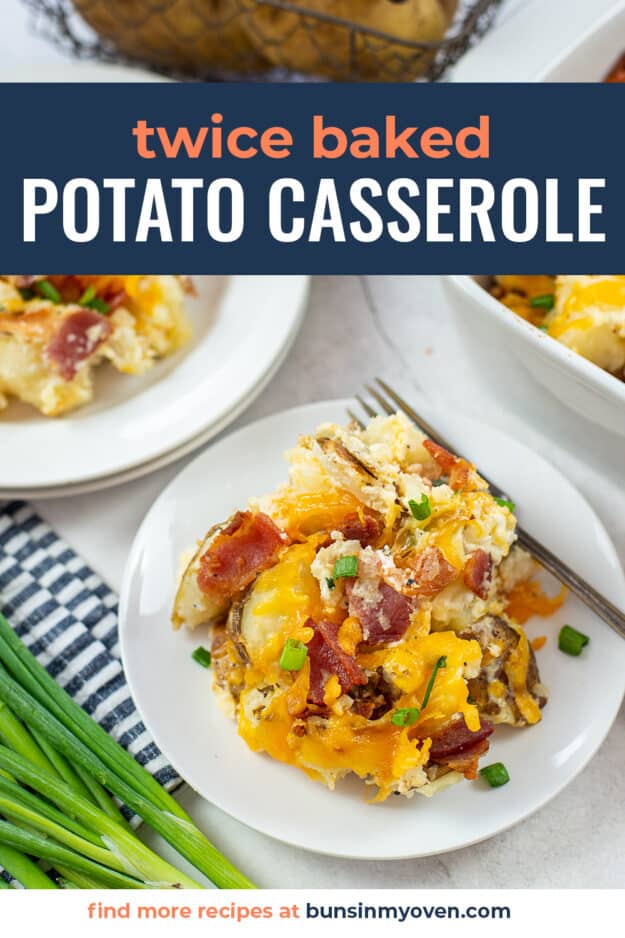 twice baked potato casserole on white plate.