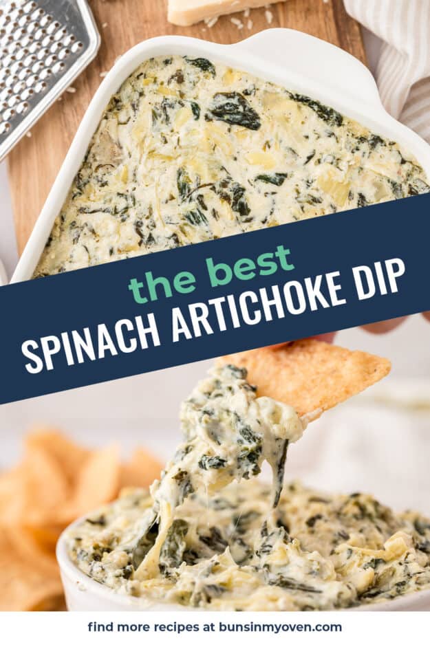 Collage of spinach artichoke dip recipe images.