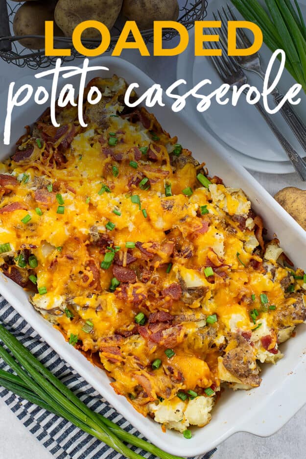 potato casserole in white baking dish with text for Pinterest.