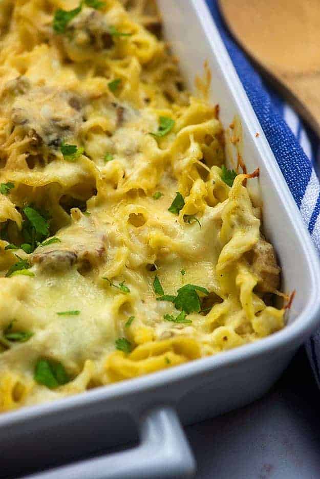 baked turkey tetrazzini recipe in baking dish