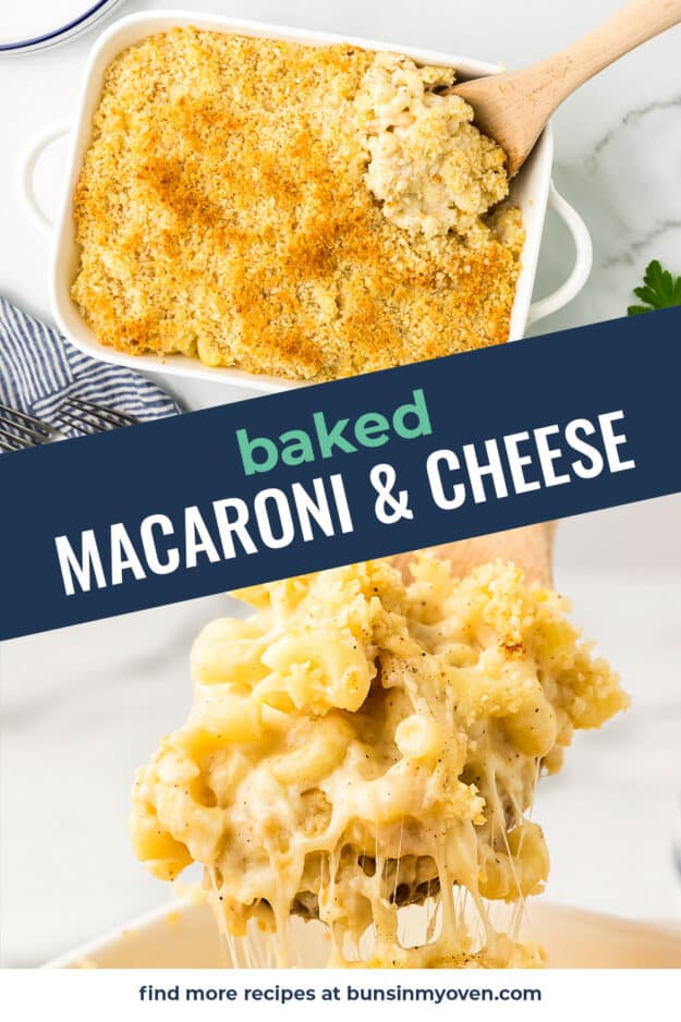 Collage of baked mac and cheese images.
