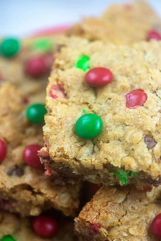 Green and red M&M\'s in cookie bars.