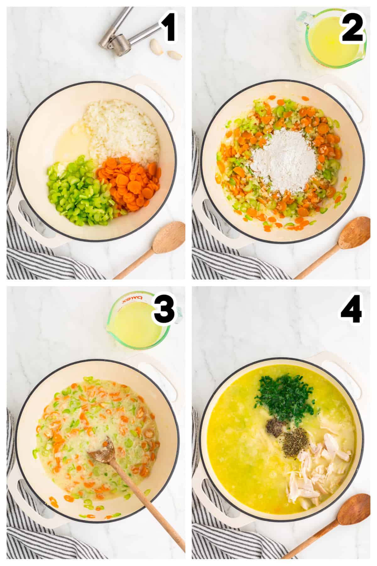 Collage showing how to make turkey noodle soup.