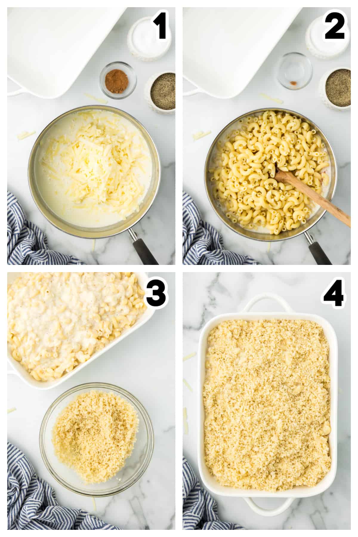 Collage showing how to make baked mac and cheese.