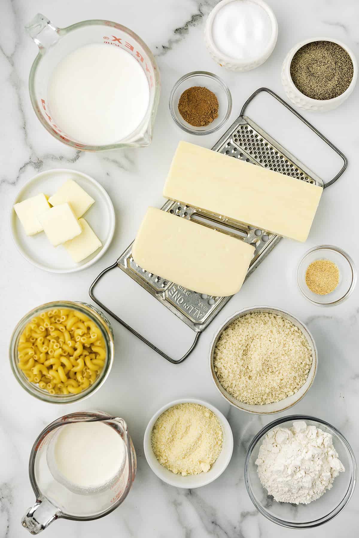 Ingredients for baked mac and cheese recipe.