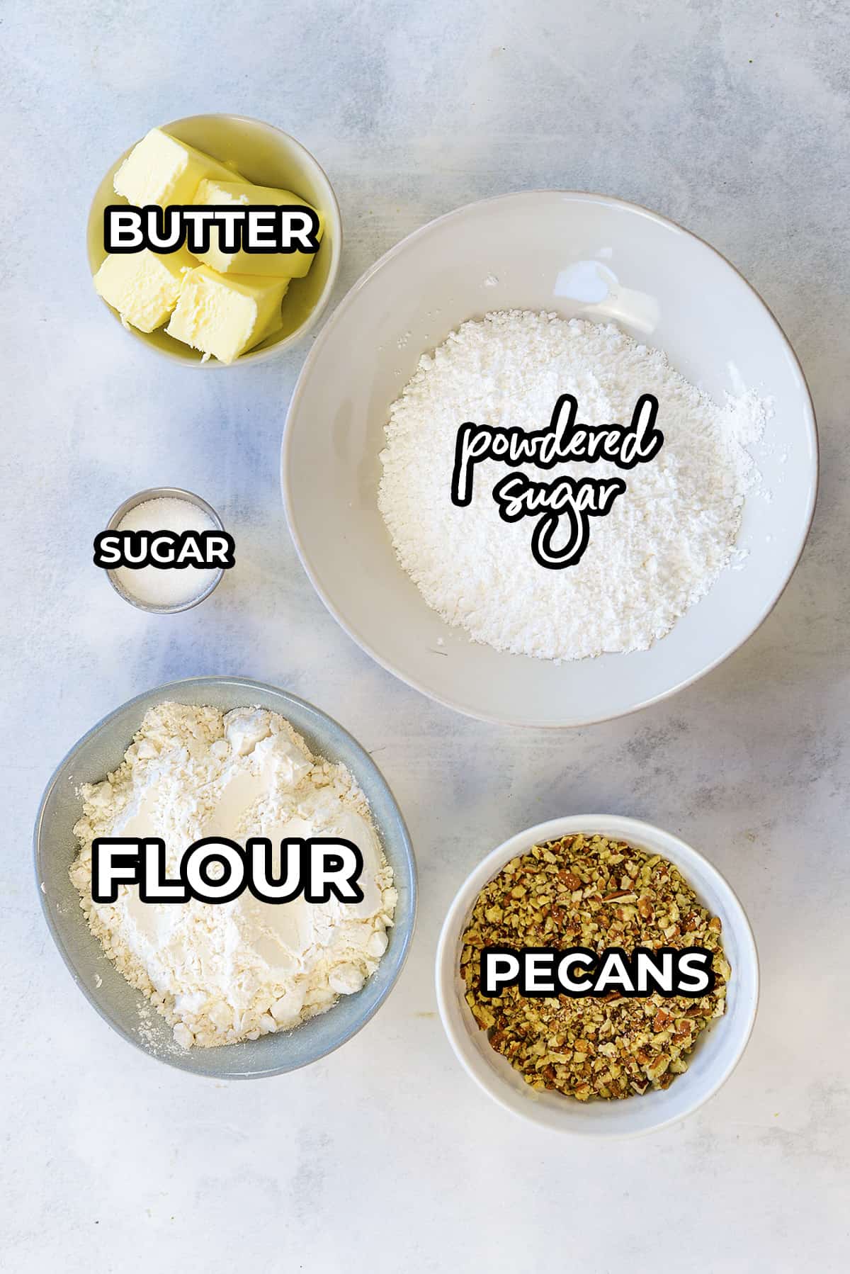 Ingredients for snowball cookies.