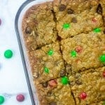 cookie bars in a clear glass nine by thirteen baking pan.