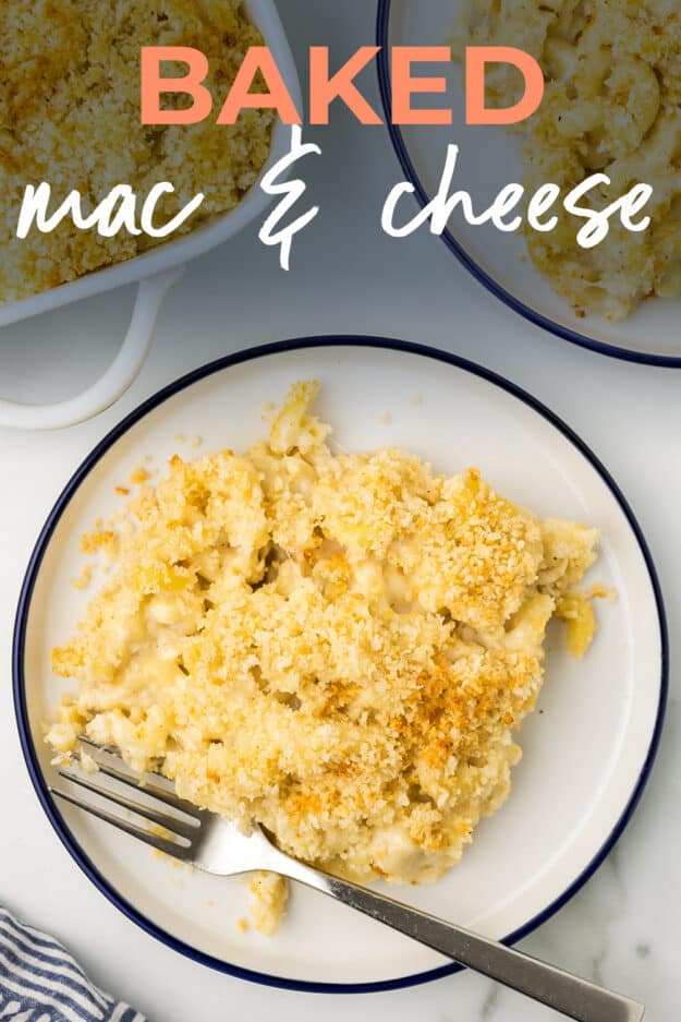 Easy mac and cheese recipe on white plate.