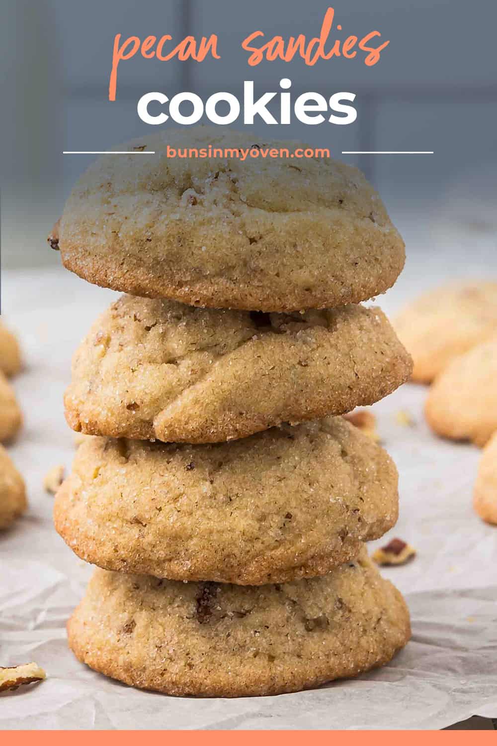 Stack of pecan sandies cookies.