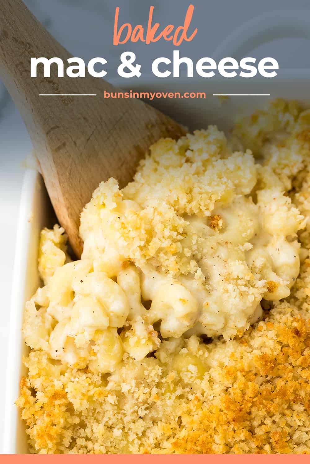 Creamy baked mac and cheese in casserole dish.