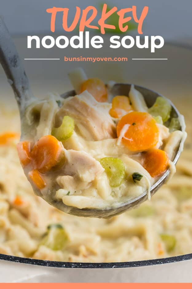 Ladle full of soup with text for pinterest.