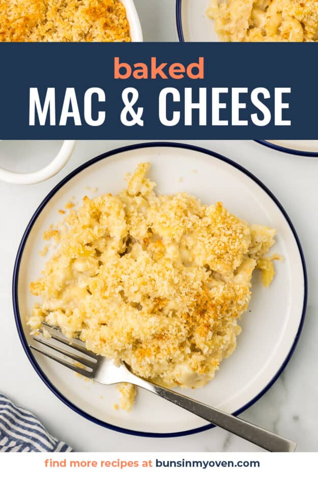Baked mac and cheese on white plate.