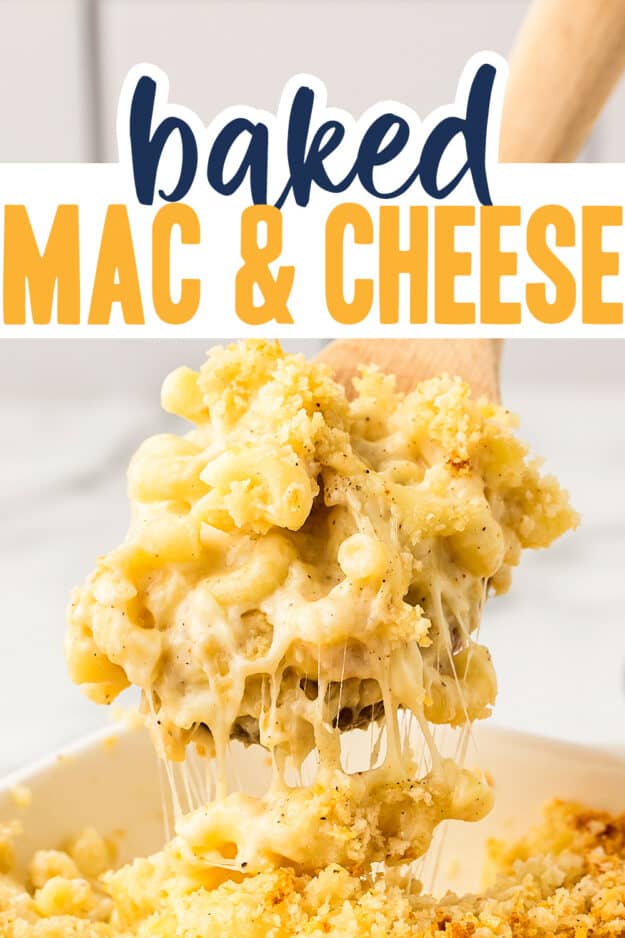 Baked mac and cheese on spoon.