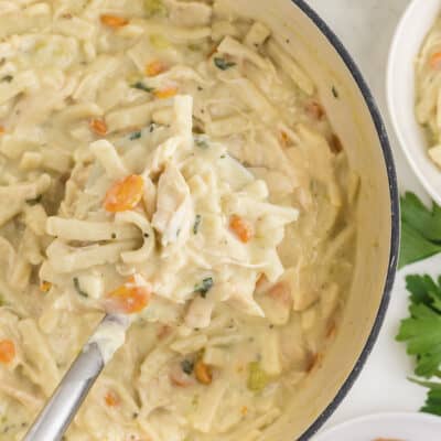 Turkey noodle soup in white pot.