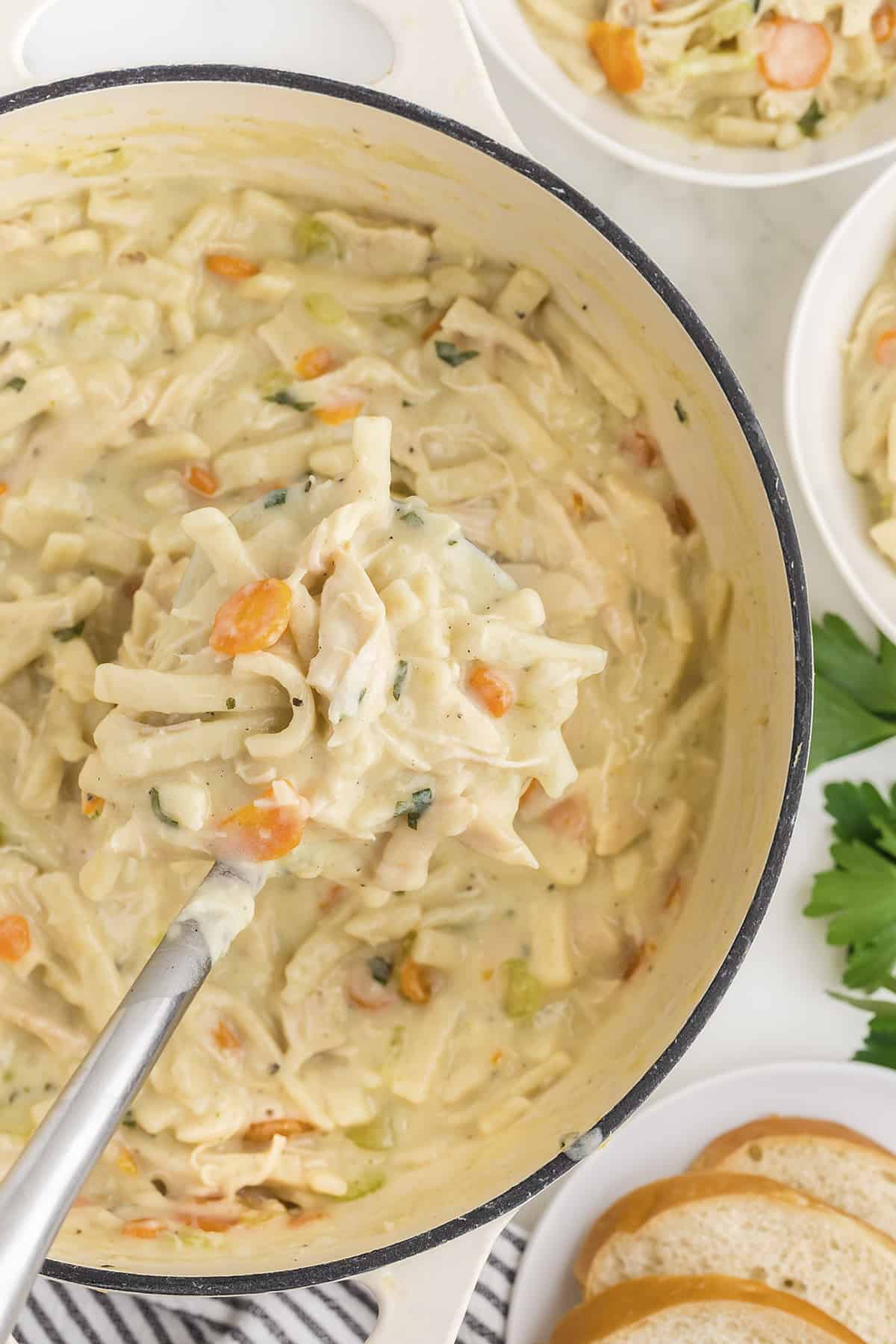 Turkey noodle soup in white pot.