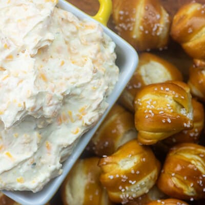 cheese dip with soft pretzels