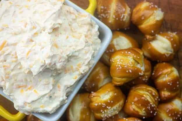 cheese dip with soft pretzels