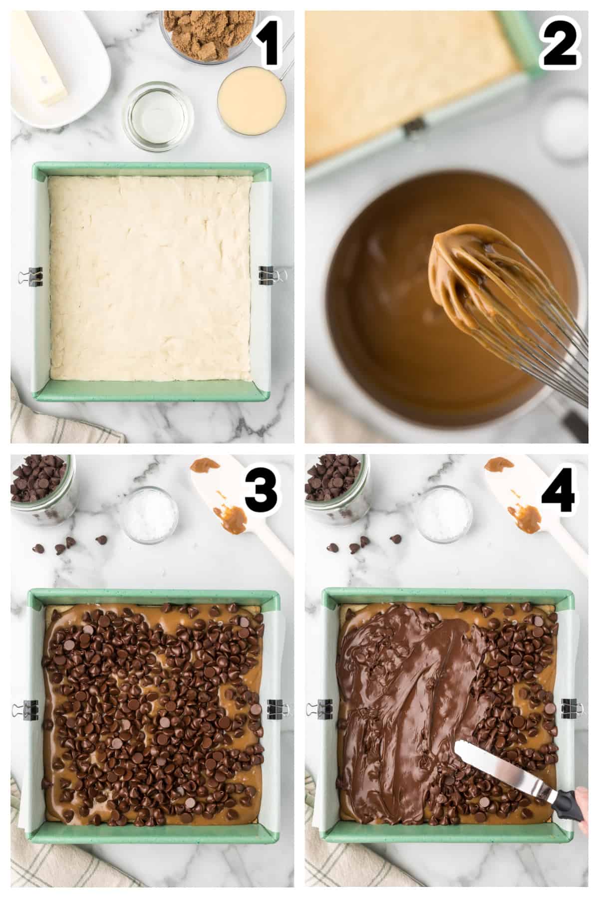 Collage showing how to make millionaire shortbread bars.