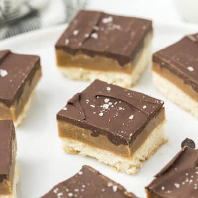 Millionaire shortbread bars on platter.