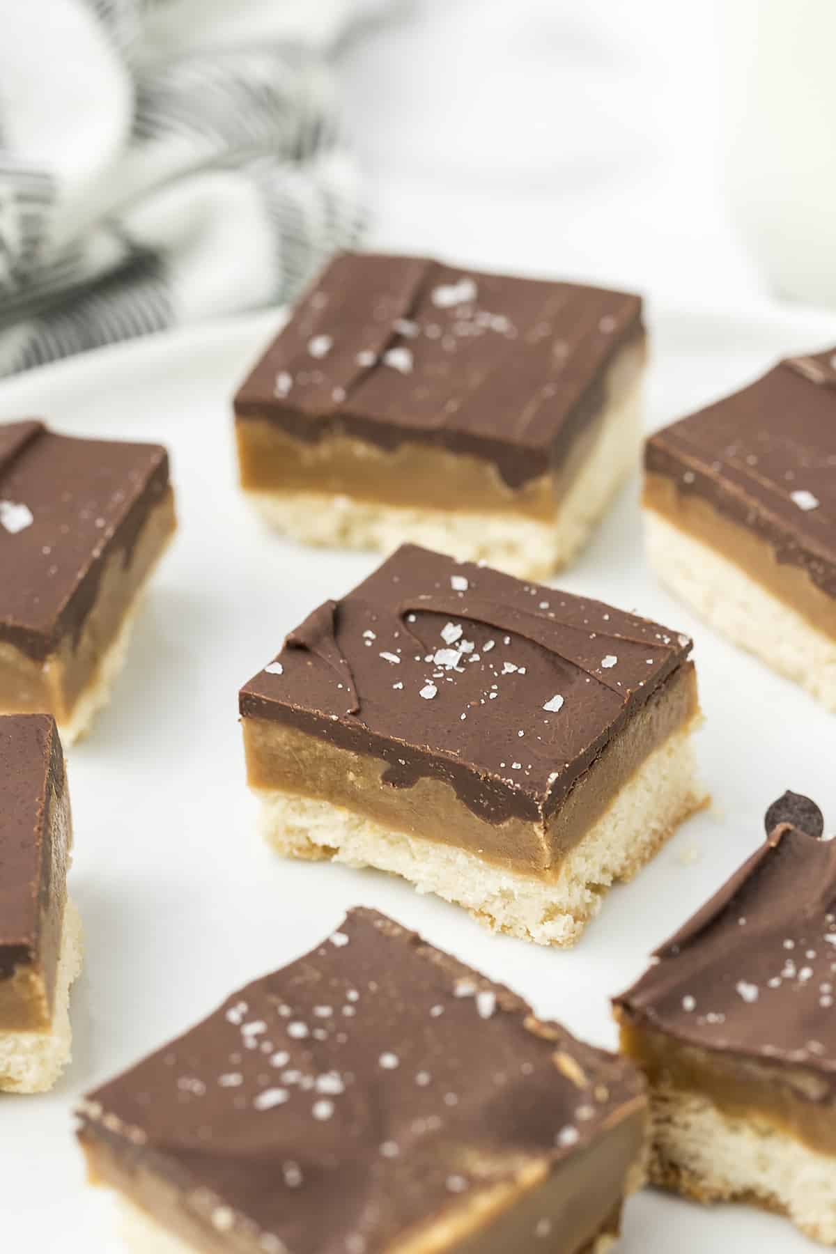 Millionaire shortbread bars on platter.