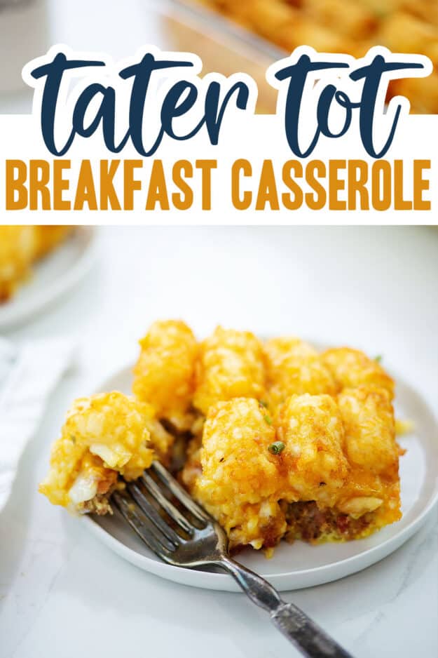 breakfast casserole on plate with tater tots.