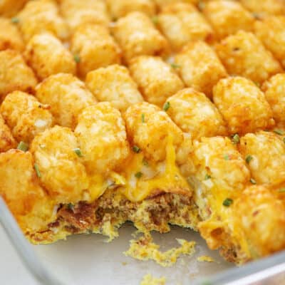 tater tot breakfast casserole in baking dish.