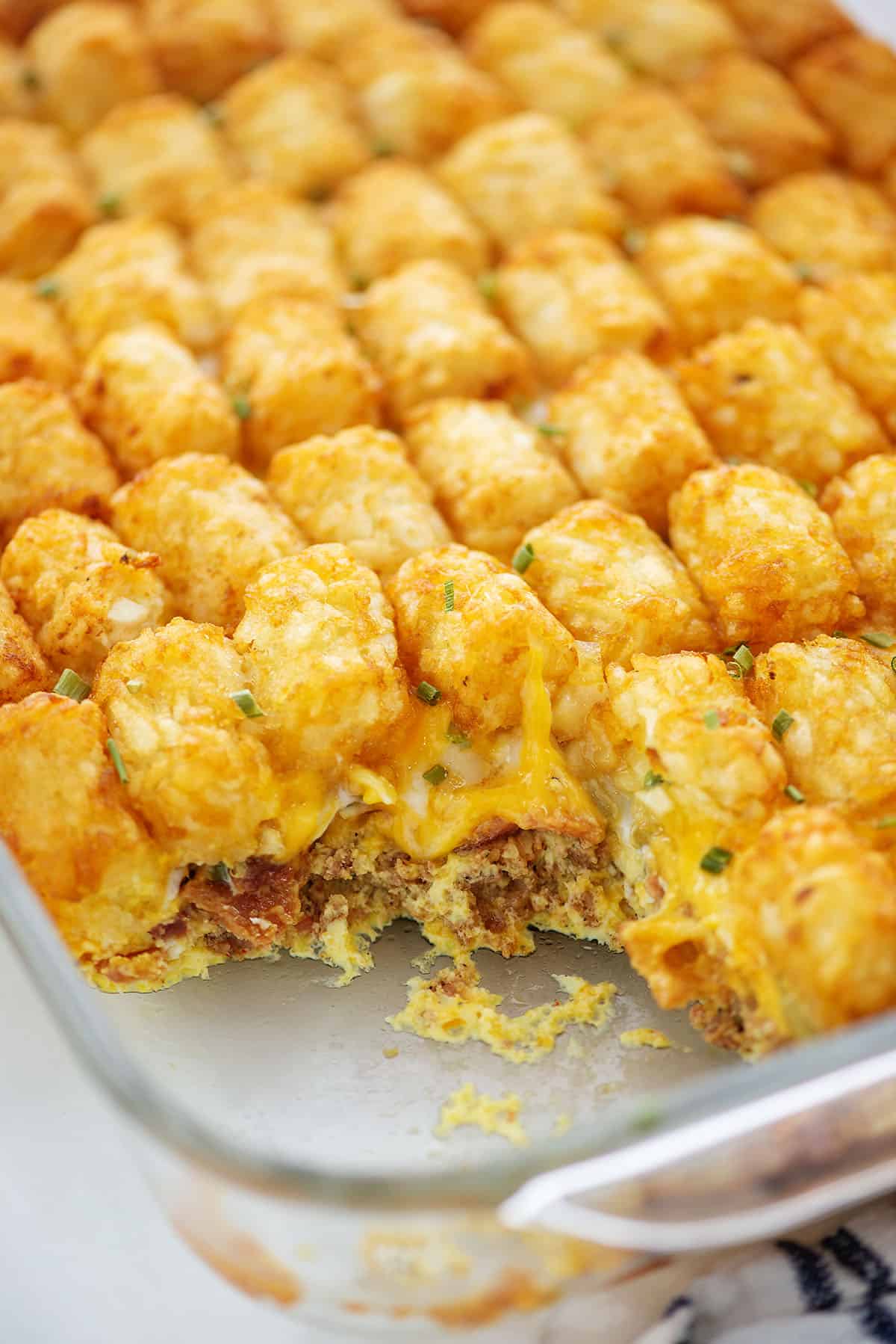 tater tot breakfast casserole in baking dish.