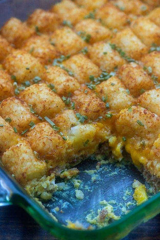 tater tot breakfast casserole with sausage and bacon