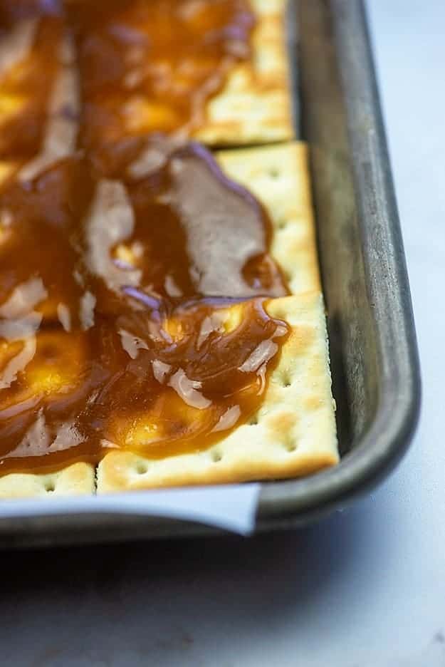 crackers with toffee spread on top 