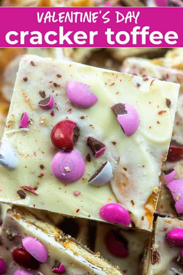 cracker toffee with white chocolate and m&m candies