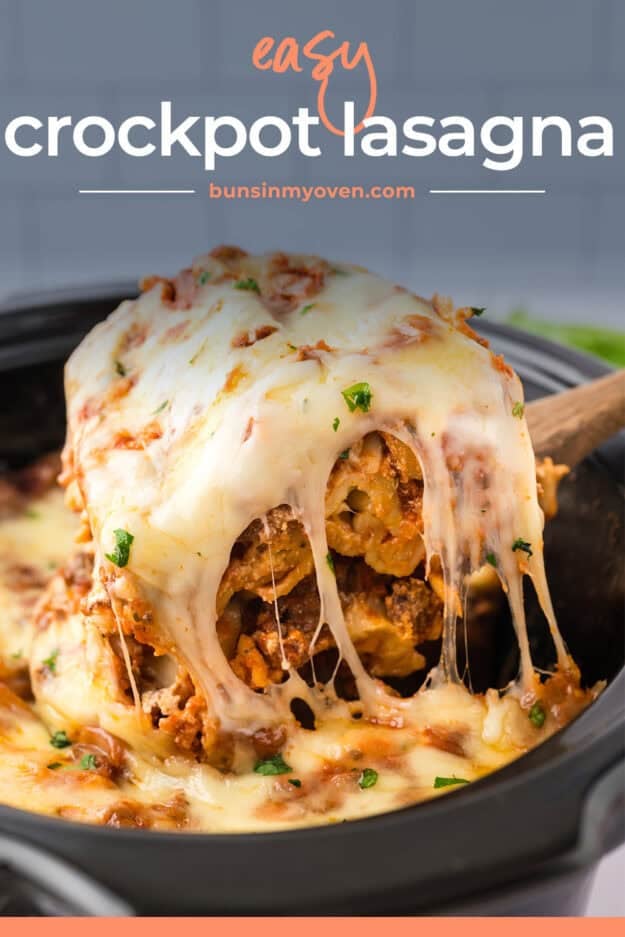 Slice of cheesy lasagna being removed from the crockpot.