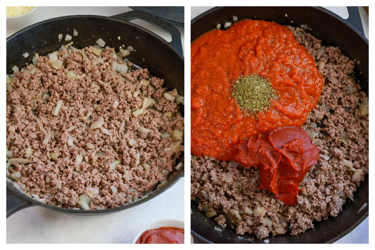 collage showing how to make meat sauce for crockpot lasagna.