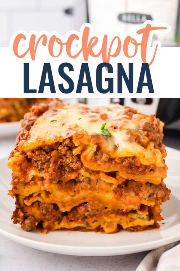 Slice of lasagna on a plate with text for Pinterest.