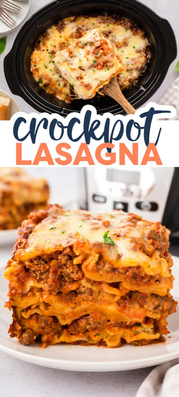 Collage of slow cooker lasagna images.