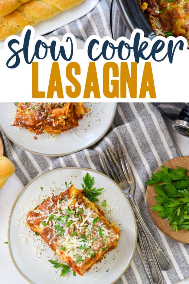 slow cooker lasagna on plates with text for pinterest.